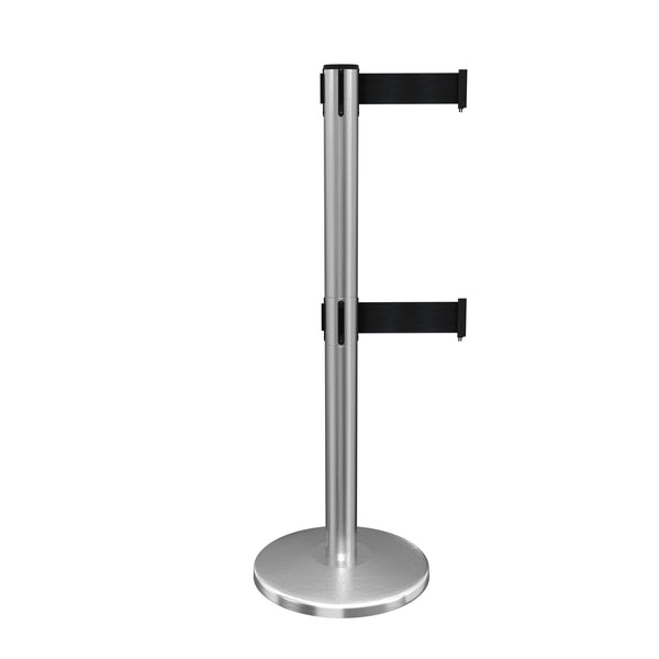QueueMaster Twin Dual Belt, ADA Compliant, Retractable Belt Barrier, Satin Stainless Steel Stanchion Post