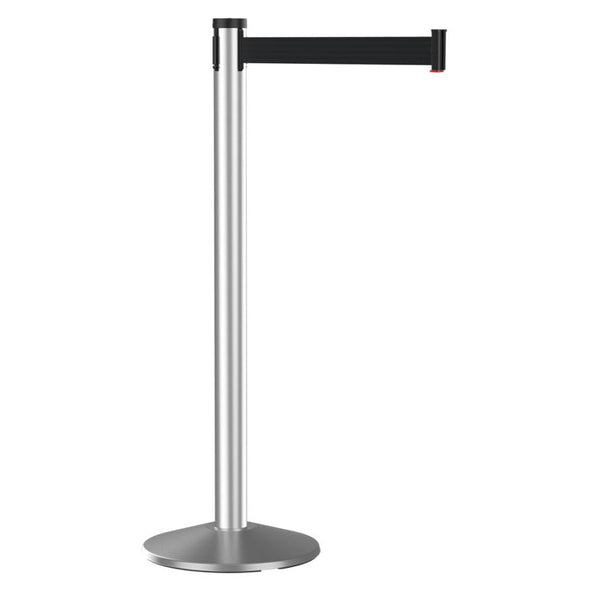 Retracta-Belt 10ft Hyper-Strength Single Line Retractable Belt Barrier w Satin Aluminum Stanchion Post, Visiontron 300SASS-BK