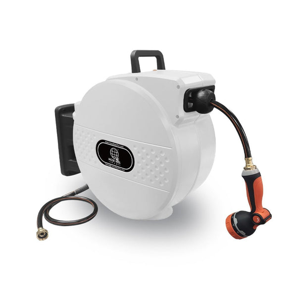 100 Foot Heavy-Duty Auto-Retracting Water Hose Reel, Wall Mount White Housing