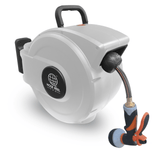 50 Foot Heavy-Duty Auto-Retracting Water Hose Reel, Wall Mount Gray Housing