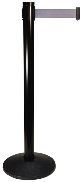 Retracta-Belt 10ft Hyper-Strength Single Line Retractable Belt Barrier w Black Aluminum Stanchion Post, Visiontron 301BA-BK