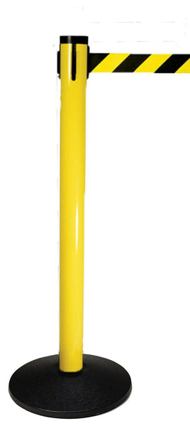 Retracta-Belt 10ft Hyper-Strength Safety Utility Barrier, Yellow Aluminum Stanchion Post, Visiontron 301YA-BK