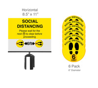 Social Distancing Post Top Sign & Floor Decals Bundle For Retractable Belt Barrier Stanchions QueueSolutions PSH8511-SD