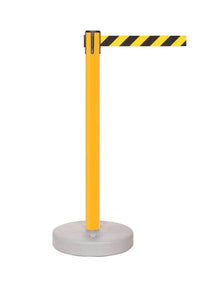 GuardMaster 250 Fillable-Base Outdoor Retractable Belt Barrier, Yellow Stanchion Post, 8.5ft Belt, QueueSolutions GM250Y-BK