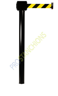 Retracta-Belt Barrier, Mini Socket Floor Mount Stanchion Post, 30ft Long-Span Retractable Belt, Visiontron PM412MS-30BA-BK