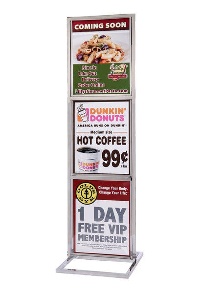 Heavy-Duty Poster Sign Stand Triple-Frame 22in x 28in, Polished Chrome, QueueSolutions PS2228PC-T-TB