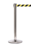 QueueMaster 550 11ft Retractable Belt Barrier, Polished Stainless Stanchion Post, QueueSolutions QM550PS-BK110