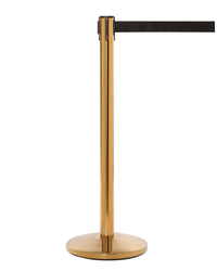 QueueMaster Pro Grade Economy Retractable Belt Barrier, Satin Brass Stanchion Post, 13ft Belt, QueueSolutions QM550SB-BK130