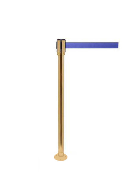 QueuePro 200 Fixed-Mount Slim Line Retractable Belt Barrier, Satin Brass Stanchion Post, QueueSolutions PRO200FX-SB-BK