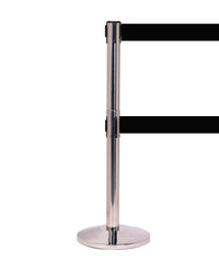 QueueMaster Twin Xtra Wide Dual-Belt, ADA Compliant, Retractable Belt Barrier, Polished Stainless Stanchion Post, 3in x 11ft Belt, QueueSolutions QMTwin550X-PS-BK110
