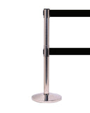 QueueMaster Twin Xtra Wide Dual-Belt, ADA Compliant, Retractable Belt Barrier, Polished Stainless Stanchion Post, 3in x 8.5ft Belt, QueueSolutions QMTwin550X-PS-BK85