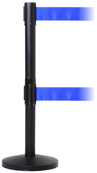 QueueMaster Twin Xtra Wide Dual-Belt, ADA Compliant, Retractable Belt Barrier, Black Stanchion Post, 3in x 8.5ft Belt, QueueSolutions QMTwin550X-B-BK110