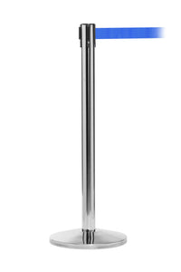 QueueMaster 550 11ft Retractable Belt Barrier, Polished Stainless Stanchion Post, QueueSolutions QM550PS-BK110