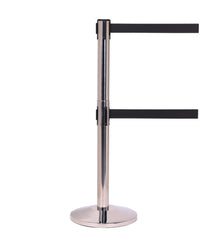 QueueMaster Twin 13ft Dual-Belt ADA Compliant Retractable Belt Barrier, Polished Stainless Stanchion Post, QueueSolutions QMTwin550PS-BK130