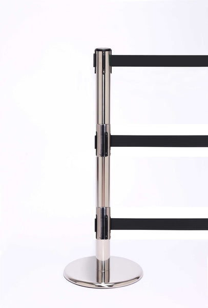 QueuePro Triple 250 Retractable 3-Belt Barrier Polished Stainless Stanchion Post, QueueSolutions PROTriple250PS-BK