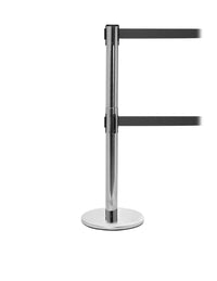 QueuePro Twin 250, ADA Compliant, Dual Retractable Belt Barrier, Satin Stainless Stanchion Post, QueueSolutions PROTwin250SS-BK