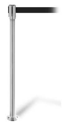 QueuePro 200 Fixed-Mount Slim Line Retractable Belt Barrier, Satin Stainless Stanchion Post, QueueSolutions PRO200FX-SS-BK