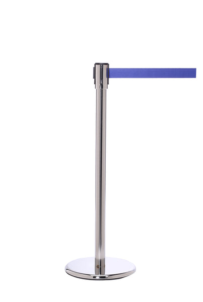 QueuePro 200 Slim Line Premium Retractable Belt Barrier, Polished Stainless Stanchion Post, QueueSolutions PRO200PS-BK