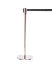 QueuePro 200 Slim Line Premium Retractable Belt Barrier, Polished Chrome Stanchion Post, QueueSolutions PRO200PC-BK