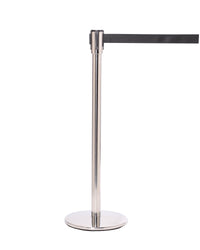 QueuePro 200 Slim Line Premium Retractable Belt Barrier, Polished Stainless Stanchion Post, QueueSolutions PRO200PS-BK