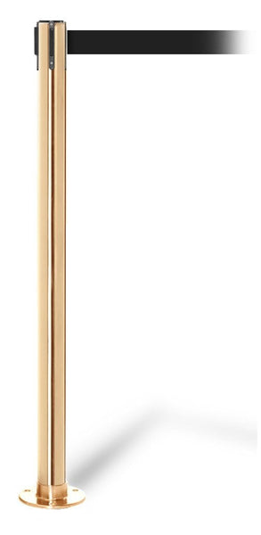 QueuePro 250 Fixed-Mount Premium Retractable Belt Barrier, Satin Brass Stanchion Post, QueueSolutions PRO250FX-SB-BK