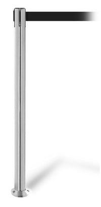 QueuePro 250 Fixed-Mount Premium Retractable Belt Barrier, Satin Chrome Stanchion Post, QueueSolutions PRO250FX-SC-BK