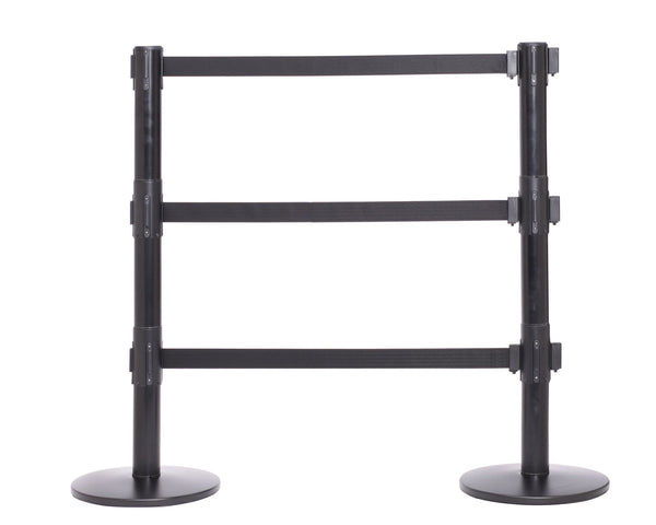 QueuePro Triple 250 Retractable 3-Belt Barrier, Black Stanchion Post, QueueSolutions PROTriple250B-BK