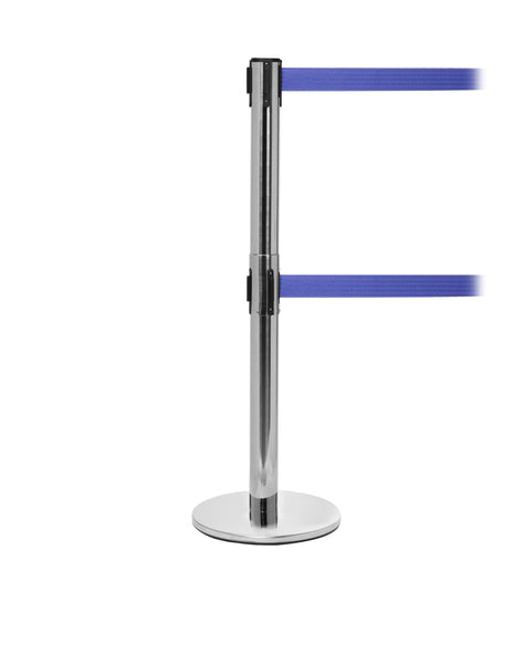 QueuePro Twin 250, ADA Compliant, Dual Retractable Belt Barrier, Polished Stainless Stanchion Post, QueueSolutions PROTwin250PS-BK