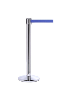 QueuePro 300 Premium Long-Span 16ft Retractable Belt Barrier, Polished Stainless Stanchion Post, QueueSolutions PRO300PS-BK