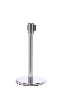QueuePro Mini 200 Display Height Retractable Belt Barrier, Polished Stainless Stanchion Post, QueueSolutions PROMini200PS-BK