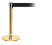 PRO200 Exhibition Height Retractable Belt Barrier, Polished Brass Stanchion Post, 11ft Belt, QueueSolutions PROMini250PB-BK