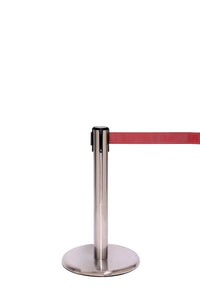 QueuePro Mini 250 Premium Exhibit Retractable Belt Barrier, Satin Brass Stanchion Post, QueueSolutions PROMini250SB-BK