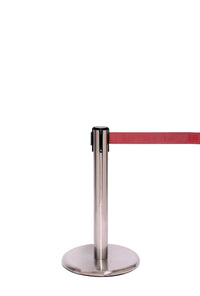 QueuePro Mini 250 Premium Exhibit Retractable Belt Barrier, Satin Stainless Stanchion Post, QueueSolutions PROMini250SS-BK