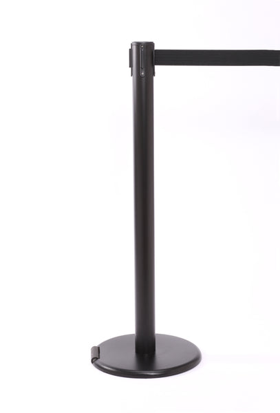 RollerPro250 E-Z Roll Wheeled Retractable Belt Barrier, Black Stanchion Post, QueueSolutions ROL250B-BK