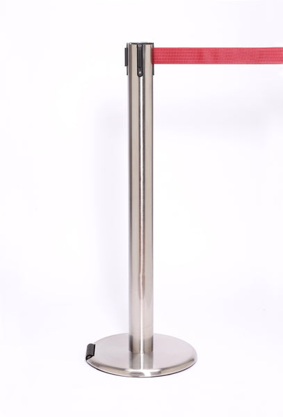 RollerPro300 E-Z Roll Wheeled Retractable Belt Barrier, Satin Stainless Stanchion Post, QueueSolutions ROL300SS-BK