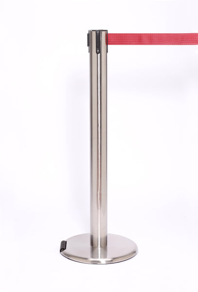 RollerPro300 E-Z Roll Wheeled Retractable Belt Barrier, Polished Stainless Stanchion Post, QueueSolutions ROL300PS-BK