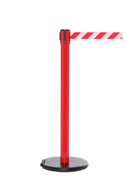 RollerSafety 250 E-Z Roll Wheeled Retractable Belt Barrier, Red Stanchion Post, QueueSolutions SROL250R-BK