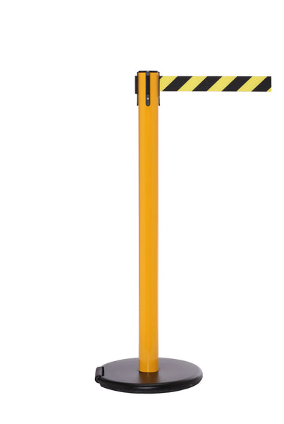 RollerSafety 250 E-Z Roll Wheeled Retractable Belt Barrier, Yellow Stanchion Post, QueueSolutions SROL250Y-BK