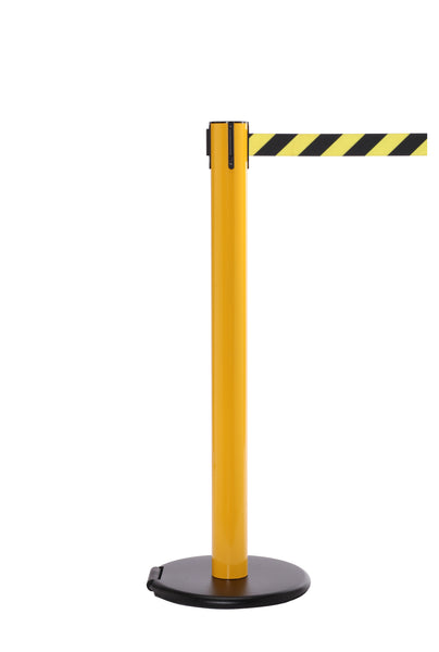 RollerSafety 300 E-Z Roll Wheeled Retractable Belt Barrier, Yellow Stanchion Post, QueueSolutions SROL300Y-BK160