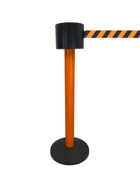 SafetyPro 775 Long-Span 75ft Retractable Belt Barrier, Orange Stanchion Post, QueueSolutions SPRO775O-OB