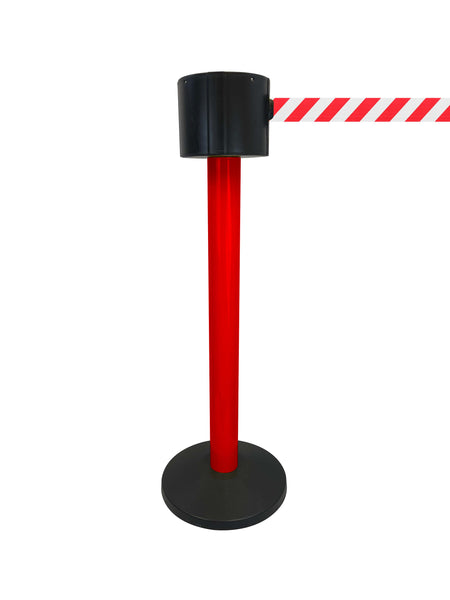 SafetyPro 775 Long-Span 75ft Retractable Belt Barrier, Red Stanchion Post, QueueSolutions SPRO775R-RW