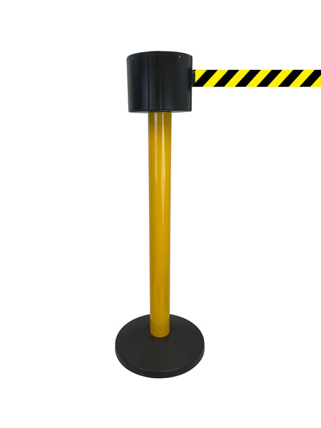 SafetyPro 775 Long-Span 75ft Retractable Belt Barrier, Yellow Stanchion Post, QueueSolutions SPRO775Y-YB