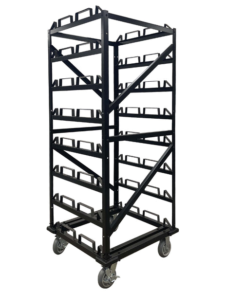 Portable Retractable Belt Barrier Stanchion Post Storage Cart, Horizontal 12-Post Capacity, QueueSolutions STCART24HNT
