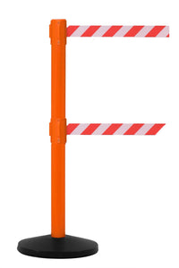 SafetyMasterTwin 11ft Dual-Belt ADA Compliant Retractable Belt Barrier, Orange Stanchion Post, QueueSolutions SMTwin450O-BK110