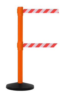 SafetyMasterTwin 13ft Dual-Belt ADA Compliant Retractable Belt Barrier, Orange Stanchion Post, QueueSolutions SMTwin450O-BK130