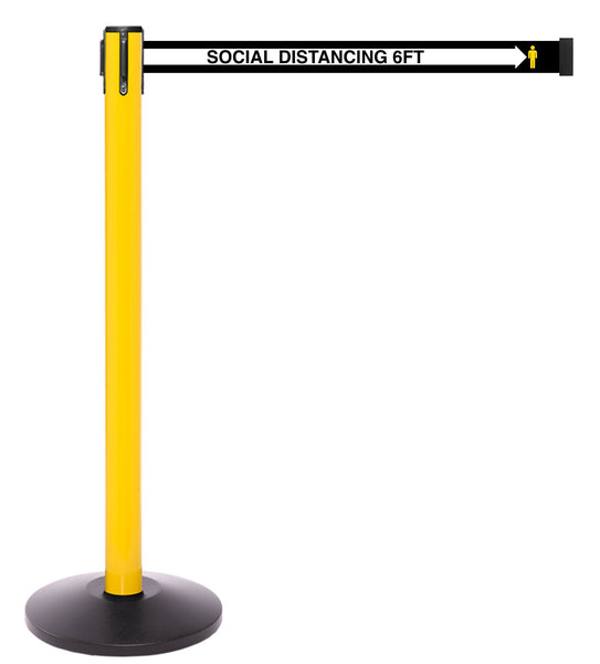 SafetyMaster Retractable Belt Barrier, Yellow Stanchion Post, 13ft Belt w Social Distancing 6ft Marks, QueueSolutions SM450Y-SD130