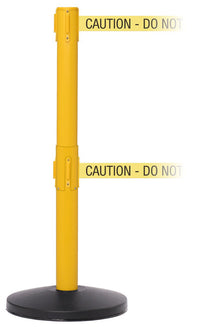 SafetyMasterTwin 11ft Dual-Belt ADA Compliant Retractable Belt Barrier, Yellow Stanchion Post, QueueSolutions SMTwin450Y-BK110