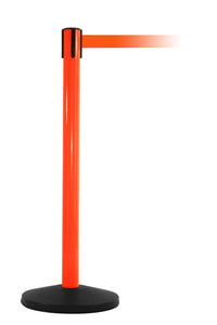 SafetyMaster Retractable Industrial Safety Barrier, Orange Stanchion Post, 13ft Belt, QueueSolutions SM450O-BK130