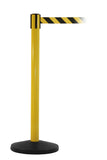SafetyMaster Retractable Belt Industrial Safety Barrier, Yellow Stanchion Post, 13ft Belt, QueueSolutions SM450Y-BK130