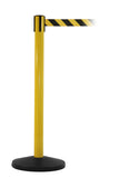 SafetyMaster Retractable 8.5ft Belt Industrial Safety Barrier, Yellow Stanchion Post, QueueSolutions SM450Y-BK